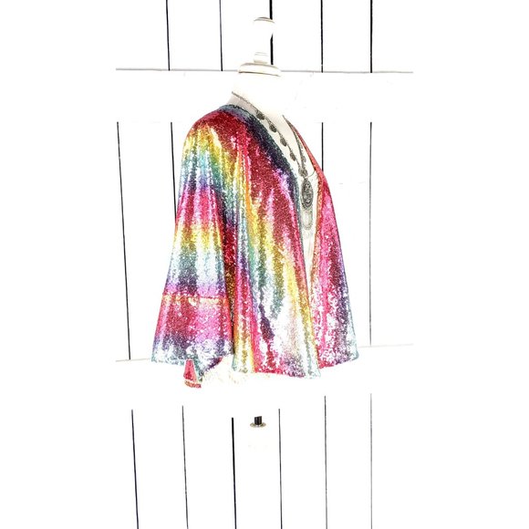 Cropped rainbow striped colorful sequins kimono cover up jacket - Picture 4 of 7